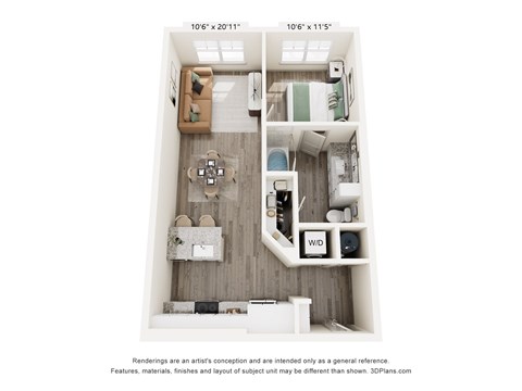 Floor plan for 1 bed, 1 bath, 672 sqft